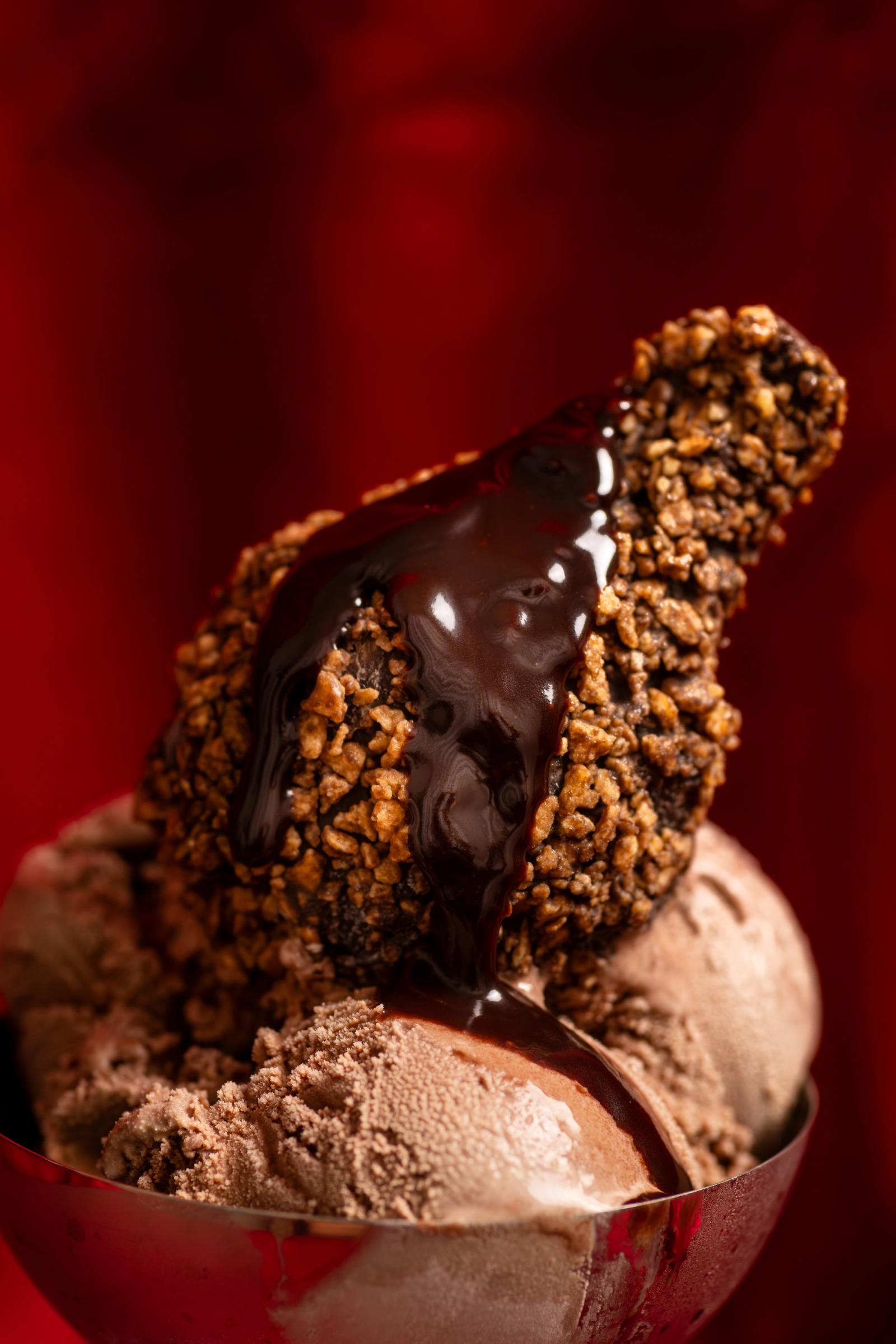 Chocolate ice cream with crunchy topping and chocolate sauce